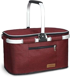 LIQING 35L Large Picnic Basket 2 Layers of Internal Pockets Leak-Proof and Insulated ，Folding with Internal Support for enhansed Stability, Wedding Gifts for Couple(Wine red)