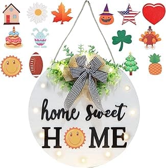 Interchangeable Welcome Sign for Front Door with 14 Changeable Icons, Farmhouse Front Porch Decor Rustic Wooden Wall Sign with 12 LED Lights, Outdoor Seasonal Welcome Home Decorations (White1)
