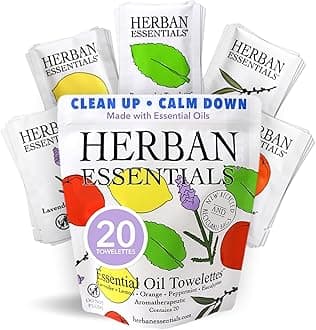 Herban Essentials - Natural Wipes & Towelettes - Essential Oil Wipes for Hands, Face and Body - Travel Size Essentials and Toiletries - Natural, Individually Wrapped, Disposable and Moist (20 count)