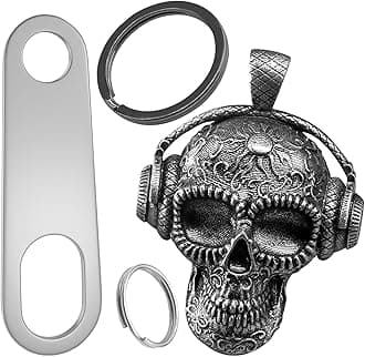 Motorcycle Guardian Luck Bell Rock Skull Biker Gremlin Bell Car Key Chain Ring Accessories with Motorcycle Bell Hanger, Antique Silver, Medium