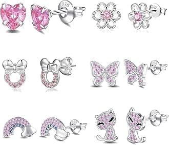 6 Pairs Huggie Hoop Earrings for Girls 925 Sterling Silver Stud Sets Cute Kids Heart Hoops Tiny Cubic Zirconia Flower Stud Small Hypoallergenic Cartilage Sleeper Earrings for Teen Toddler Childs Women