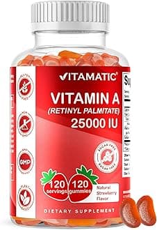 Vitamatic Sugar Free Vitamin A 25000 IU Gummies (Retinyl Palmitate) - Natural Strawberry Flavor - 120 Pectin Based Gummies (1 Bottle)