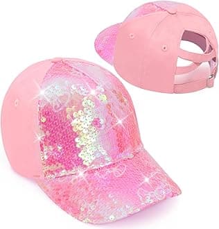 Girls Glitter Baseball Cap Kids Ponytail Hat Adjustable Summer Mesh Trucker Hats for 4-12 Years