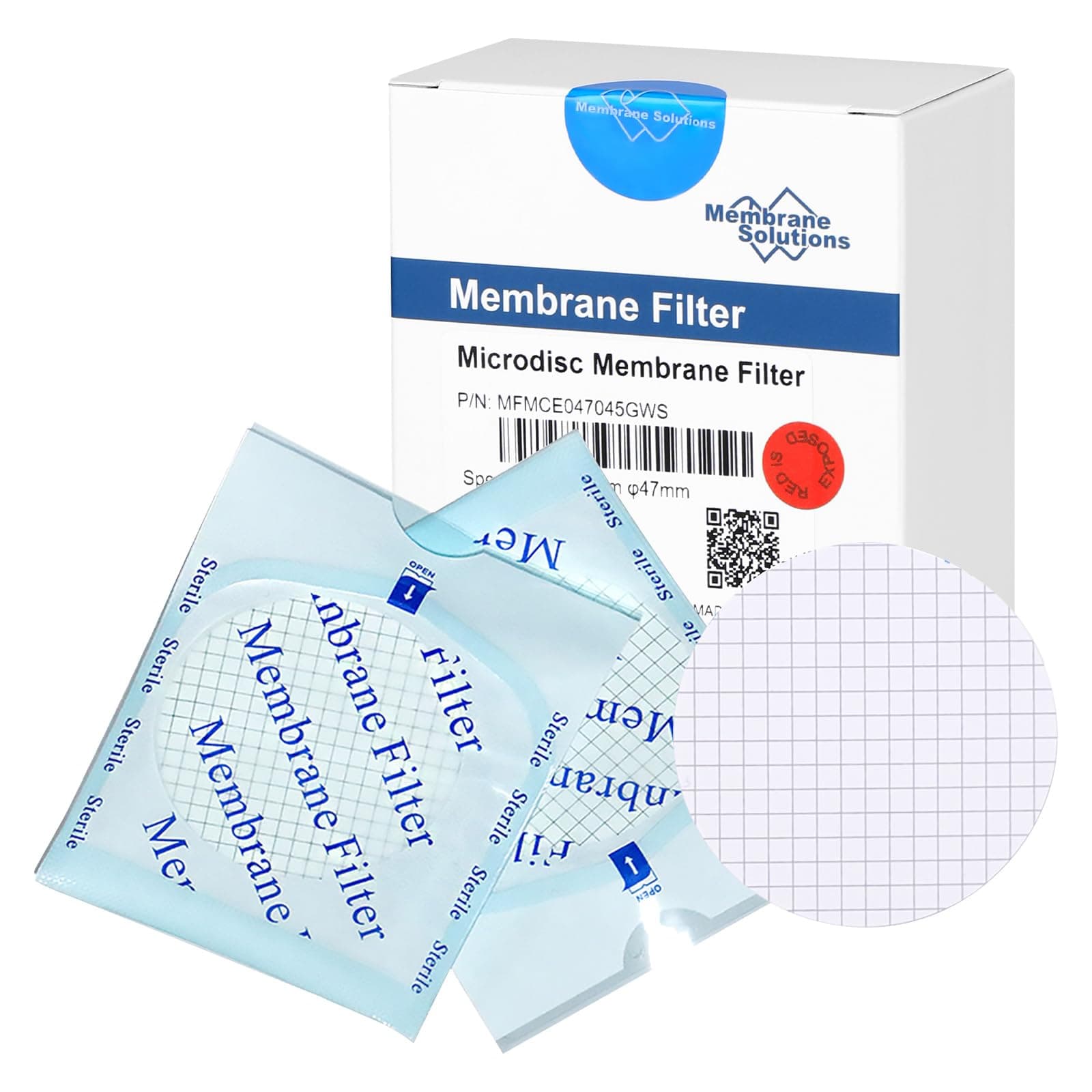 Membrane Solutions MCE Gridded Membrane Filter, Mixed Cellulose Esters Membrane Filter, Sterile Individual Pack Membrane Disc Filter, Diameter: 47 mm, Pore Size: 0.45 um, 100/Pk