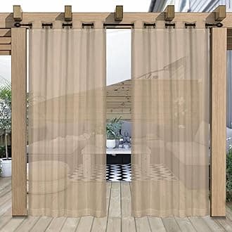Outdoor Curtain for Patio, Khaki Linen Look Semi-Sheer Curtains Waterproof Light Filtering Voile Outside Grommet Drapes for Pergola Balcony Pool Indoor 2 Panels, W100 x L120