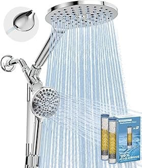 Dual Filtered Rain Shower Head Combo, High Pressure Handheld Shower Head with Adjustable Bar - 8’’ Rainfall Shower Head And 10-Mode Showerhead with Filter for Hard Water - Removes Chlorine