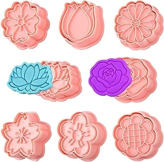 8 Pack Flower Cookie Cutters, 3D Cookie Cutter with Plunger Stamp, 8 Styles Spring Flowers Cookie Stamps for Home Kitchen