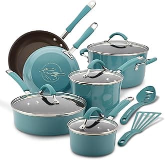 Rachel Wire Cucina Hard Enamel Nonstick Cookware Set, 12-Piece, Agave Blue