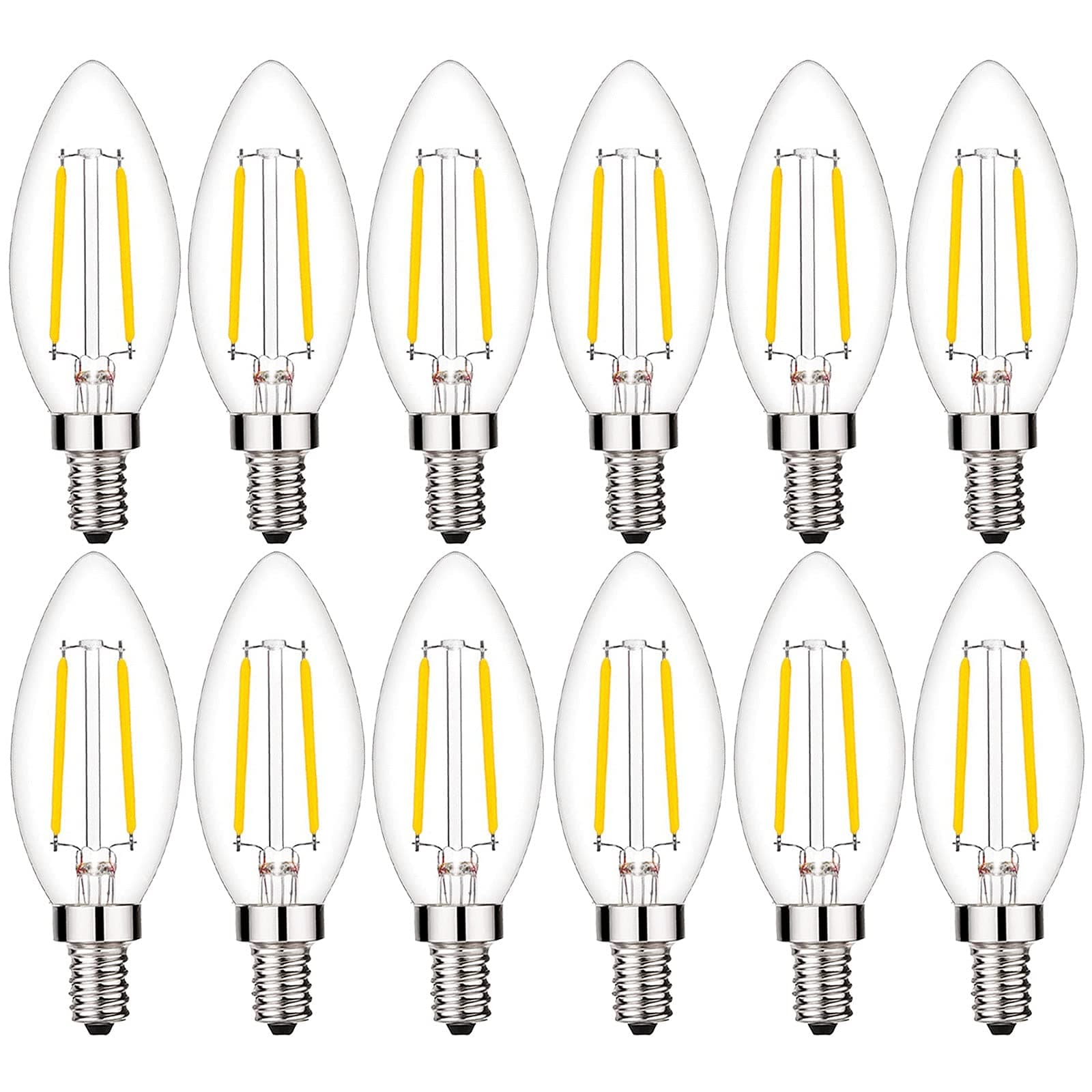 25 Watt Equivalent Type B11 Light Bulbs Candelabra Base Warm White 2700K, 2W E12 LED Bulb Clear Glass, 12 Pack