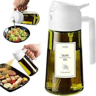 TrendPlain 470ml Olive Oil Spray Bottle - 2 in 1 Olive Oil Dispenser Bottle for Kitchen Accessories - Kitchen Gadgets, For Air Fryer - with Stickers, Light Blocking - White
