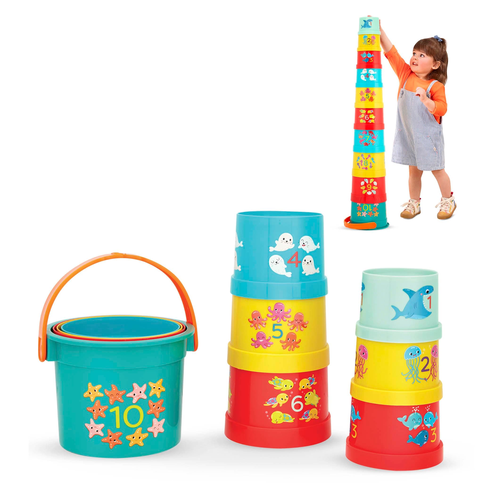 B. toys – Bazillion Buckets– Sort & Stack– 10 Stacking Cups – Numbered Nesting Cups – Bath & Backyard Toys – Educational Play Set for Toddlers, Kids – 18+ Months
