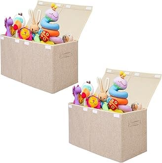 popoly 2 Pack Large Toy Box Chest Storage with Flip-Top Lid, Collapsible Kids Storage Boxes Container Bins for Toys, Playroom Organizers, 25"x13" x16"(Linen Beige)