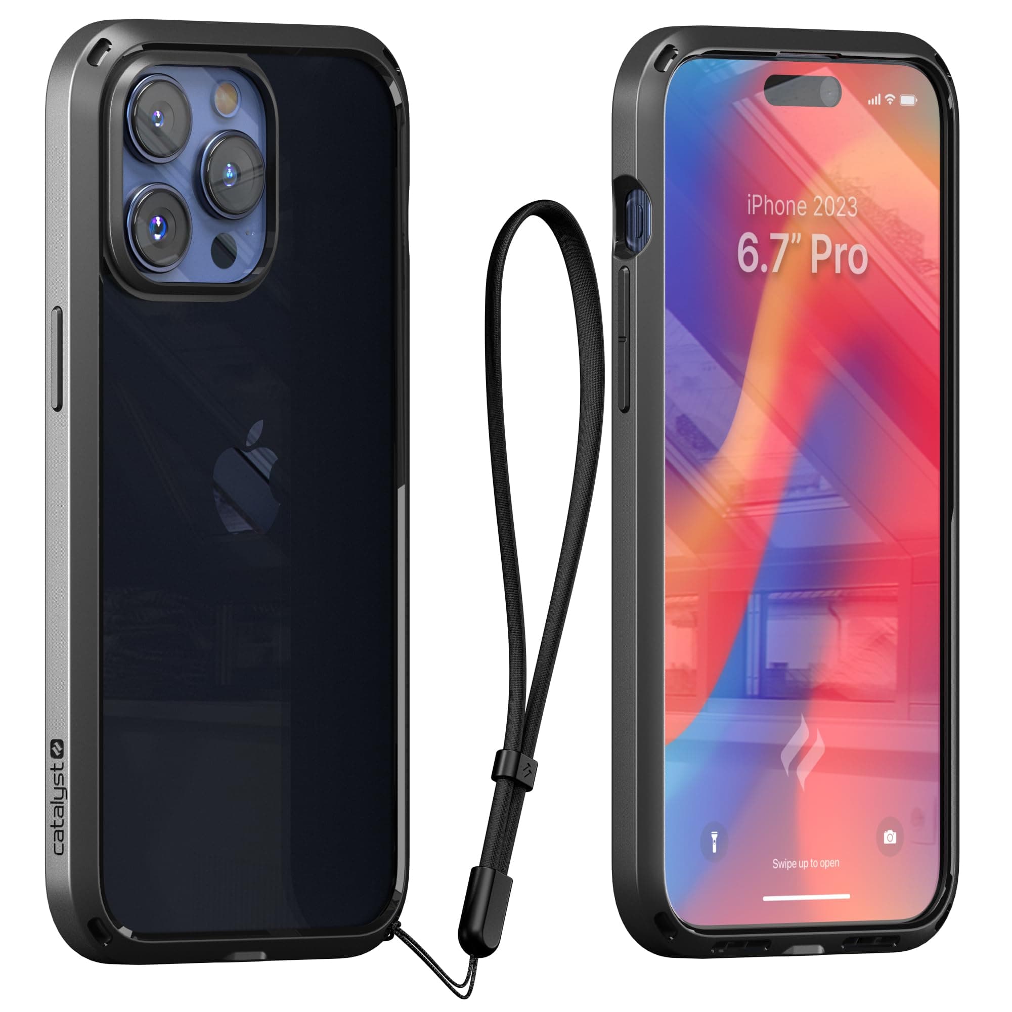Catalyst Influence Case for iPhone 15 ProMax Drop Proof, Non-Slip Frosted Edges and Crystal clear back, Raised Edges Protection, 30% Louder Forward Audio, Lanyard Included - Midnight Black