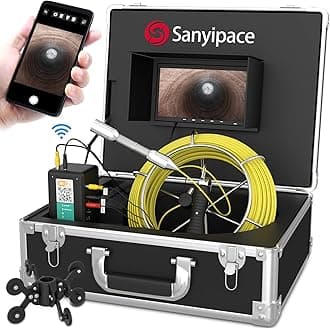 Sanyipace Sewer Camera 100FT/30M with WiFi Wireless Transmission, Drain Camera with Adjustable Lights, Pipe Sewer Scope Inspection Cámara with IP68 Waterproof Probe, 7" Color Screen, Pipe Pulley