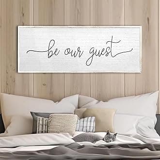 Be Our Guest Wall Decor Sign 32''×12'' Large Rustic Farmhouse Family Guest Room Bedroom Above Bed Vintage Framed Wooden Wall Art Modern Signs Simple Entryway Hanging Decoration (White)