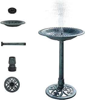 28 Inch Pedestal Bird Bath Solar Fountain Birdbaths with Steel Ground Anchors Weather Resistant Resin Antique Green Garden Decor for Outdoor Lightweight Courtyard…