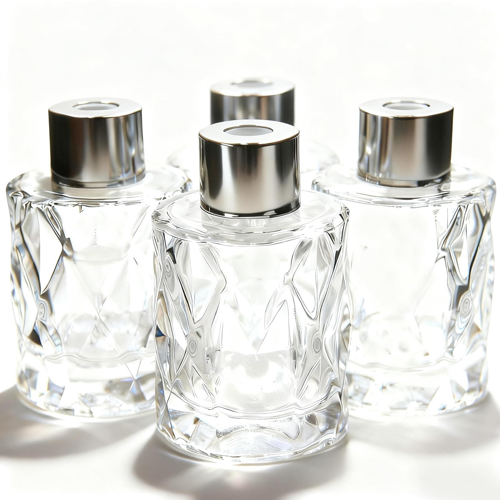 Pack of 4 Glass Diffuser Bottles Essential Oil Fragrance Reed Holders Round 50ml 1.7 fl oz Elegant diamond design Premium Quality