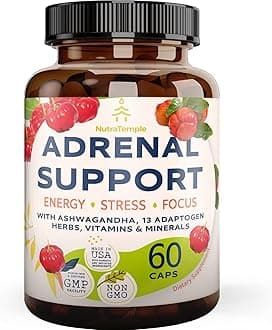 Adrenal Support & Cortisol Manager – Extra Strength Adrenal Fatigue Supplements for Energy, Brain Fog with Ashwagandha, Rhodiola Rosea, L Thyrosine, Holy Basil – 60 Non GMO Pills