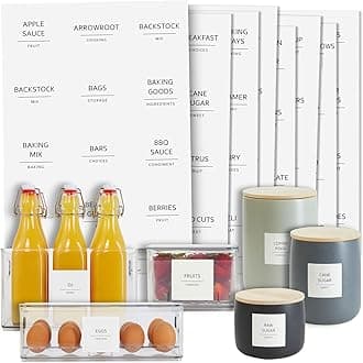 Talented Kitchen Minimalist Food Labels - 2.5" x 2.5" Matte White Vinyl, Pack of 157 - Pantry & Fridge Container Labels for Jars & Bins - Preprinted Food Storage Stickers, Water-Resistant