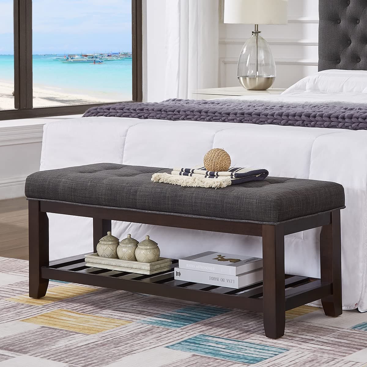 24KF Large Rectangular Upholstered Tuft Linen Ottoman Bench, Padded Bench with Solid Wood Shelves - Dark Grey