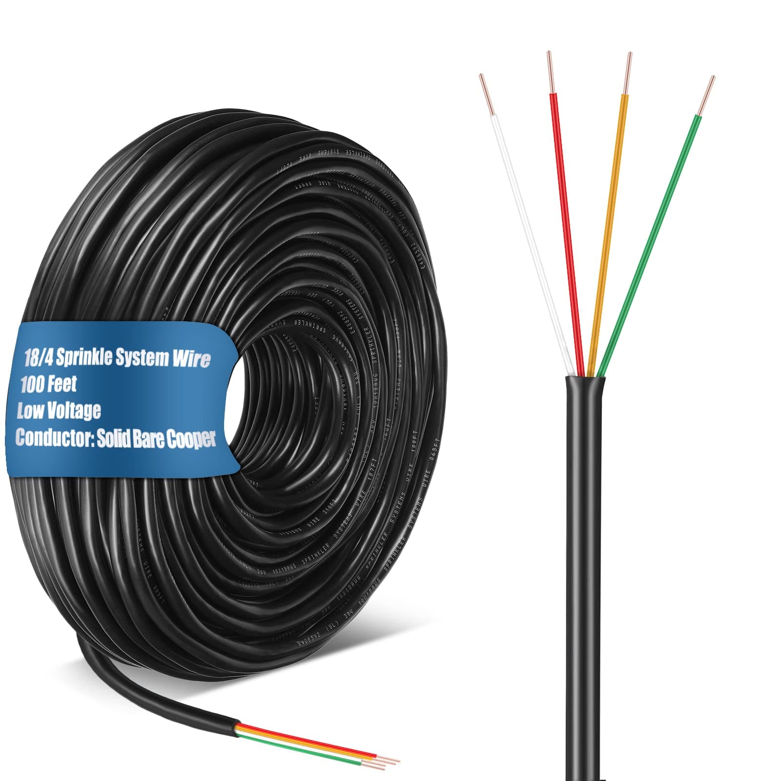 Hoolerry Solid Sprinkler System Wire 18 Gauge Irrigation Wire with UV Resistant PVC Jacket Sprinkler Cable for Underground Irrigation Field Central Control System 30v Ul Listed(18/4, 100 Ft)