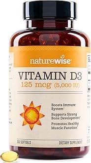 NatureWise Vitamin D3 5000iu (125 mcg) 1 Year Supply for Healthy Muscle Function, and Immune Support, Non-GMO, Gluten Free in Cold-Pressed Olive Oil, Packaging Vary (Mini Softgel), 360 Count