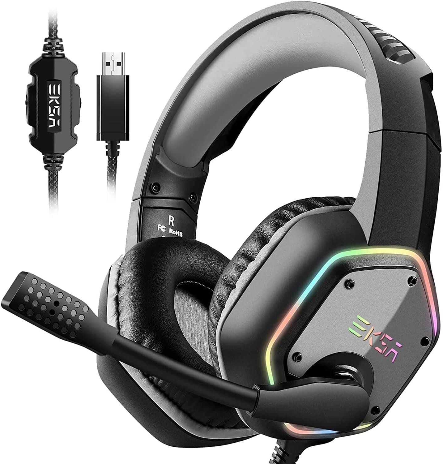 - EKSA E1000 USB Gaming Headset for PC, Computer Headphones with Microphone/Mic Noise Cancelling, 7.1 Surround Sound, RGB Light - Wired Headphones for PS4, PS5 Console, Laptop, Call Center
