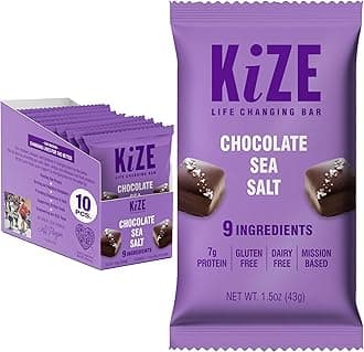 KiZE Energy Bars - Chocolate Sea Salt - Gluten Free, Dairy Free, Non-GMO, and High Protein Meal Replacement Energy Bars, Meal Bas, Clean & Simple Food Ingredients - 7g High Protein Snacks, (10 Count)