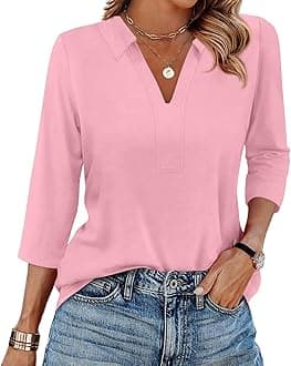 Women's 3/4 Sleeve V-Neck Collared Tops Summer Business Casual Work Polo Shirts 2025 Trendy Loose Fit Basic Tees