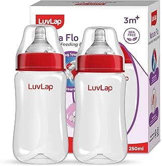 Anti-Colic Wide Neck Natura Flo Baby Polypropylene and Silicone Feeding Bottle, 250Ml (Pack of 2), New Born / Infants / Toddler upto 3 years, BPA Free, Pack of 2, White & Red
