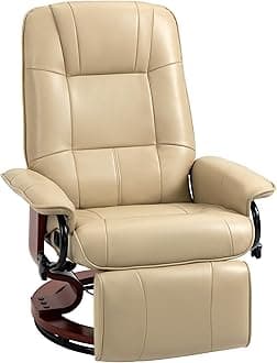 Swivel Recliner Chair, PU Leather Reclining Armchair with Retractable Footrest, Lounge Chair with Wood Base and Adjustable High Back for Small Spaces, Living Room, RV, Bedroom, Cream White