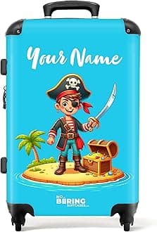 Children's Luggage Kids Suitcase for Boys - Personalised Large Hard Shell Luggage on Wheels - Cool Pirate Light Blue Background - 26-28 inch - 23kg
