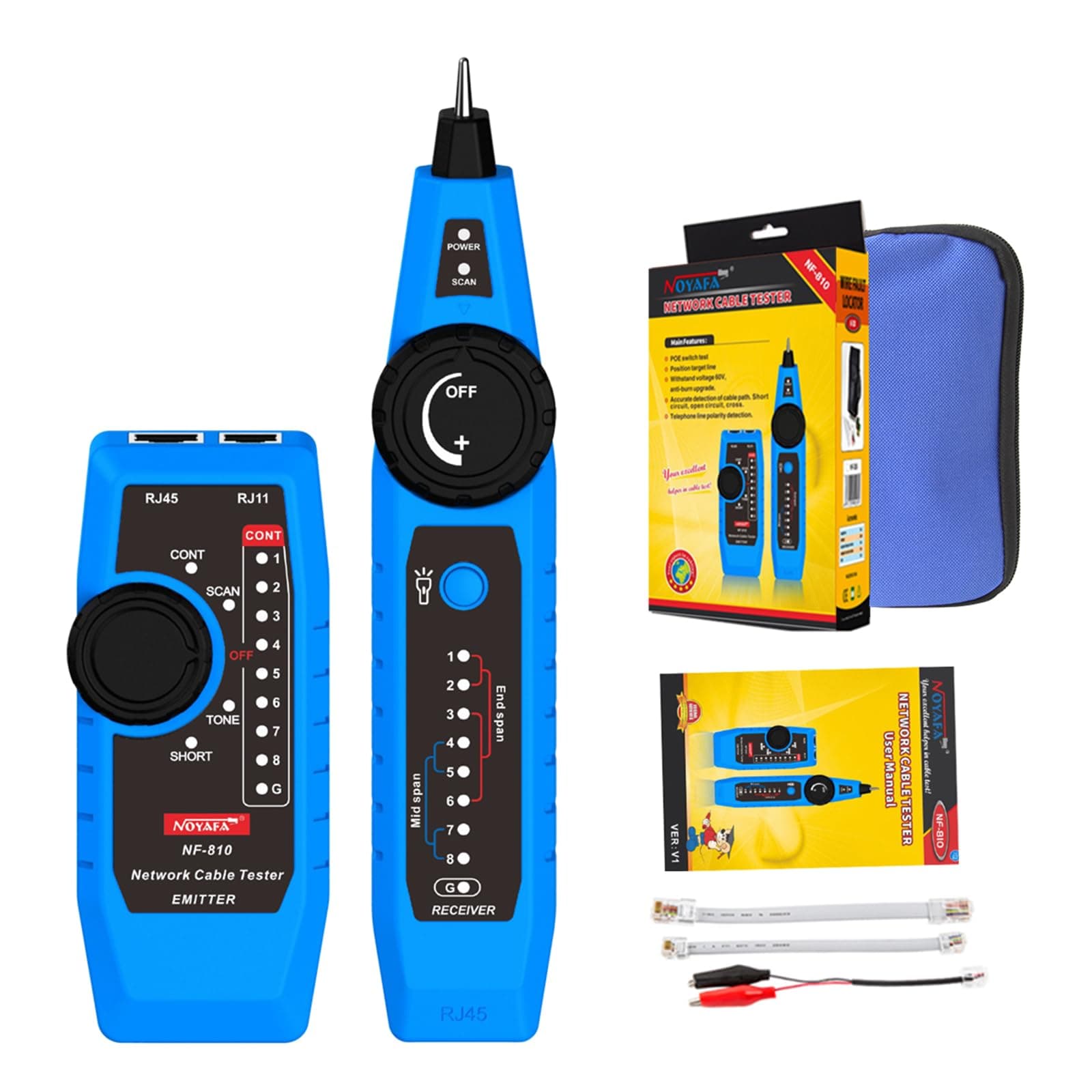 Noyafa NF-810 Multifunctional Network Tester， Ethernet LAN Network Wire Tracker with Telephone Line Tester, Network line Scanning, Power Cable Scanning and POE Switch Test Functions