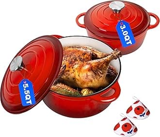 Romswi Enameled Cast Iron Dutch Oven Set - 3qt & 5.5qt Dual Combo - 7-Layer Professional Grade Dutch oven pot with lid - Oven Safe for Braising, Stews, Roasting, Bread Baking Bread Dutch Oven White