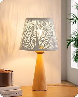EDISHINE 13.58" Small Table Lamp, Wooden Bedside Lamp, Tree Hollowed Iron Lampshade, Nightstand Lamp for Nursery, Bedroom, Living Room, ON-Off Switch, E26 Socket, Original Wooden Color