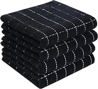 Homaxy 100% Cotton Terry Kitchen Towels(Black, 13 x 28 inches), Checkered Designed, Soft and Super Absorbent Dish Towels, 4 Pack