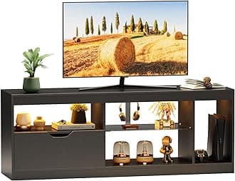 JUMMICO TV Stand, Entertainment Center LED Gaming TV Stand for 65+ Inch TV Carbon Fiber Top, Dynamic RGB Modes TV Cabinet Console with Adjustable Glass Shelves Storage Drawers (Black)