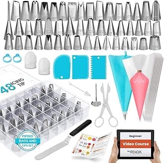 Piping Bags and Nozzles | RFAQK 100 PCs Cake Decorating Kit with Spatula-Cake Scraper-48 Numbered Piping Nozzle & Piping Bag-Reusable Silicon Bag-Pattern Chart, EBook & Icing Bags and Nozzles Set