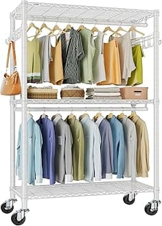 VIPEK R2 Plus Rolling Garment Rack 3 Tiers Adjustable Wire Shelving Clothes Racks with Wheels, Freestanding Wardrobe Storage Rack Heavy Duty Metal Clothing Racks for Hanging Clothes, White