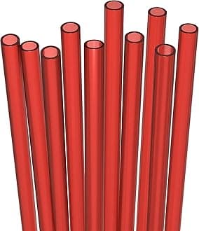 10 Long Reusable Hard Red Plastic Drinking Straws, Medium Width + Sturdy Cleaning Brush - for Tumblers, Mason Jars, Smoothies and Milkshakes - Dishwasher Safe BPA Free