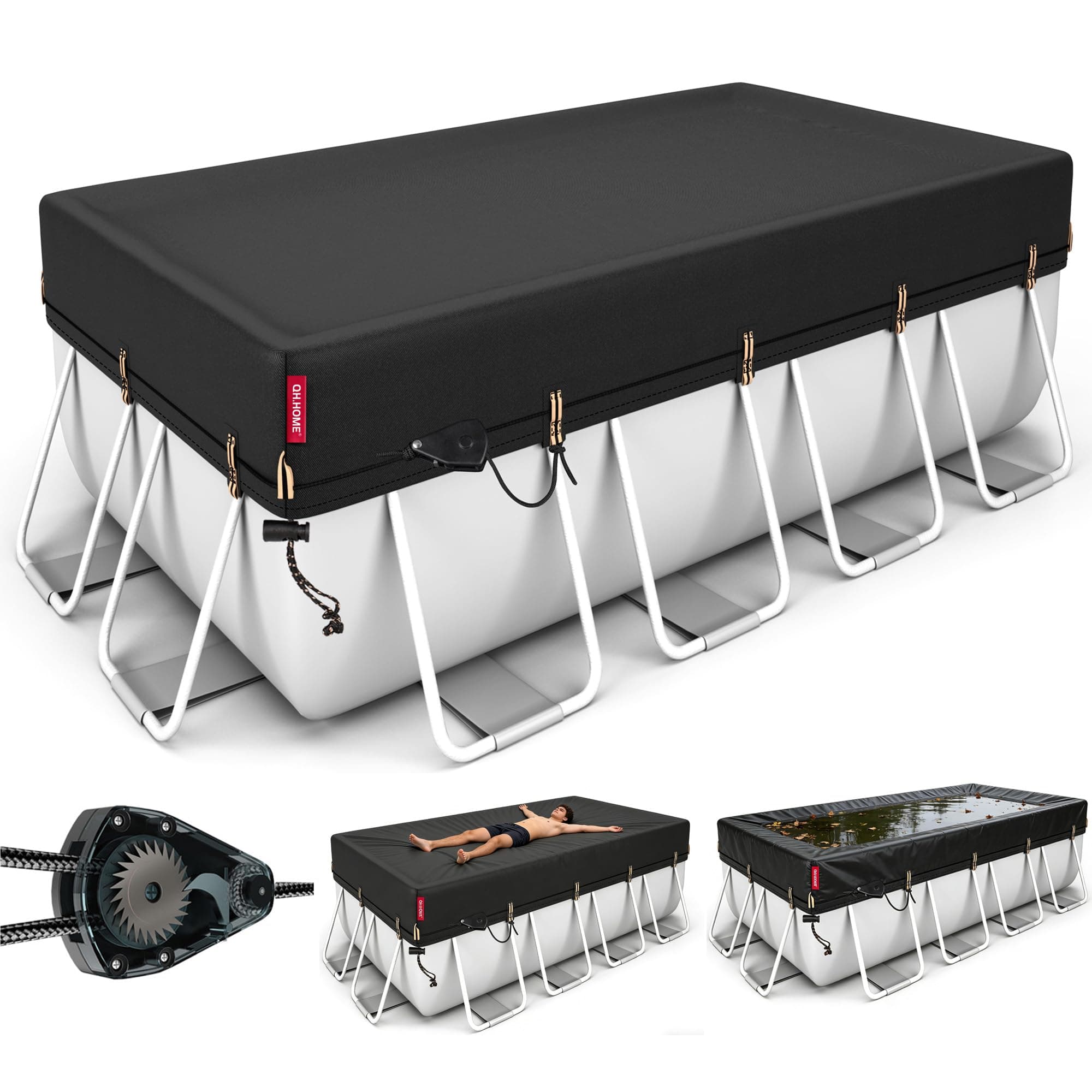 QH.HOME [2025 Upgraded Ultimate Windproof] 9x18 Ft Rectangular Pool Cover with Fast Tightening Patented Ratchet,Rectangle Pool Cover for Above Ground Pools with Weight-Bearing Rings