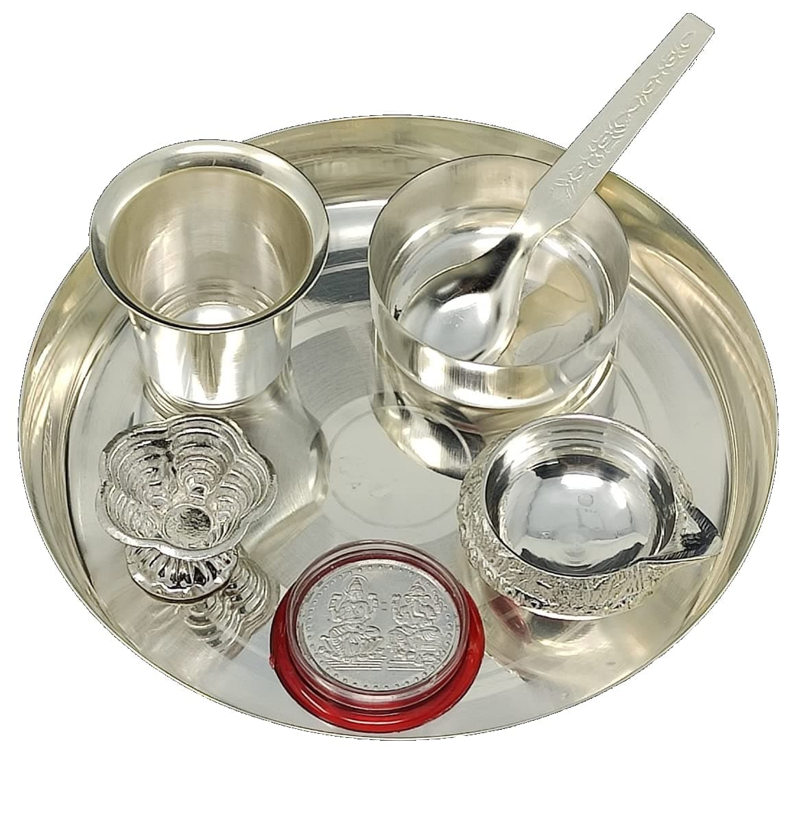Silver Plated Pooja Thali Set 6 Inch Plate Ganesh Laxmi Coin Kumkum Stand Glass Bowl Spoon Kuber Diya Puja Decorative Items for Home Mandir Office Wedding Return Gift