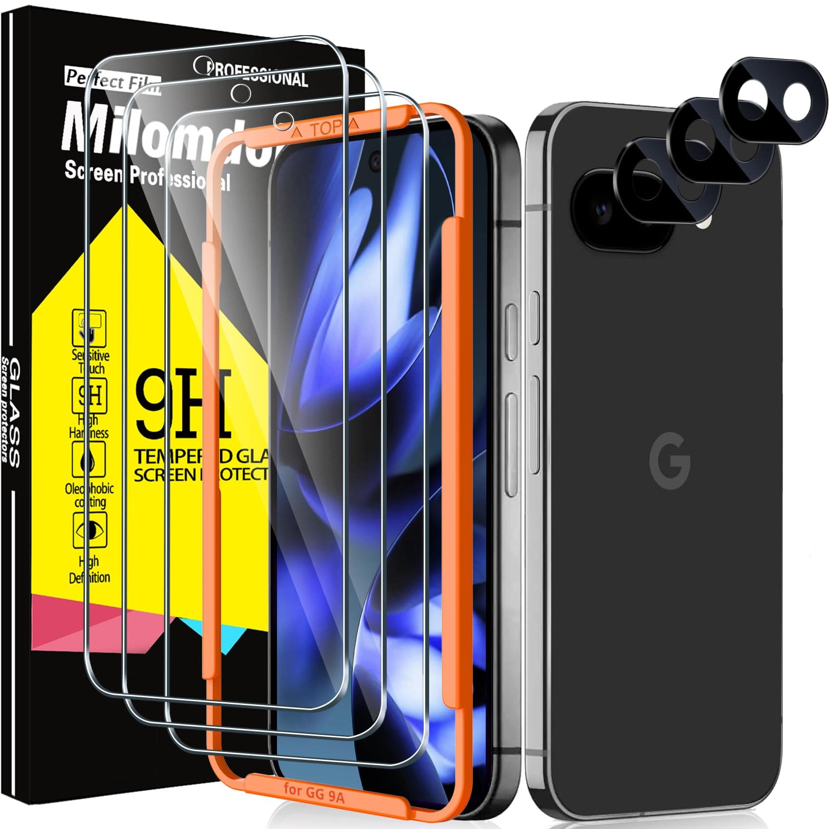 Milomdoi 3 Pack Tempered Glass for Google Pixel 9A Screen Protector with 3 Pack Camera Lens Protector, Ultra 9H Accessories [Support Fingerprint Unlock] Case Friendly, Mounting Frame