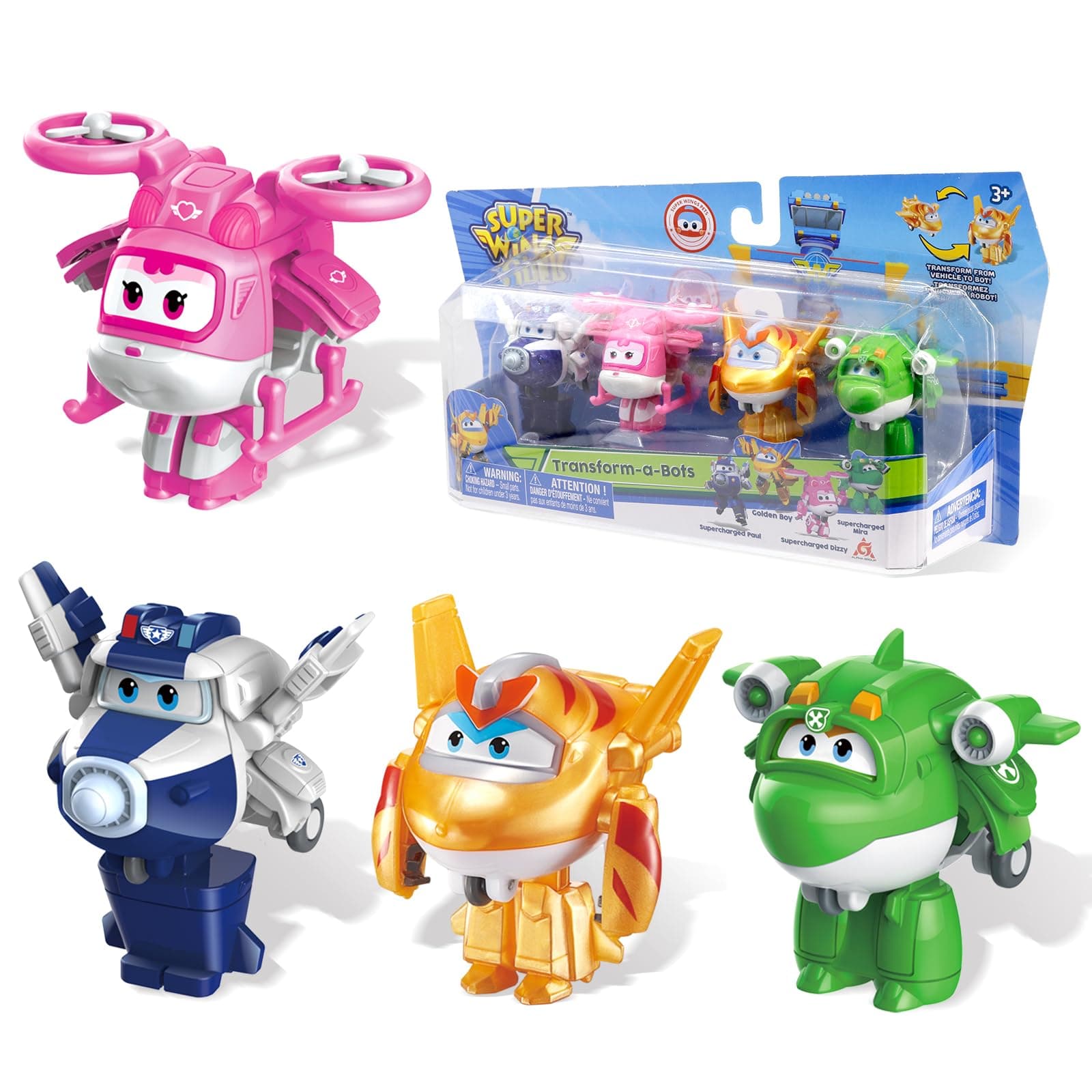 Super Wings Transform-a-Bots 4 Pack with S5 Paul Dizzy & Golden Boy & Mira