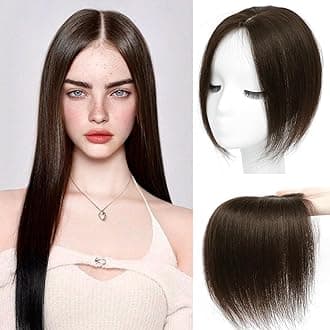 Hair Toppers for Women Real Human Hair， 360°3D Cover Toppers Hairpieces for Women with Thinning Crown Wispy Clip in Bangs Realistic Scalp Hairline (Medium Brown, Side Bangs)