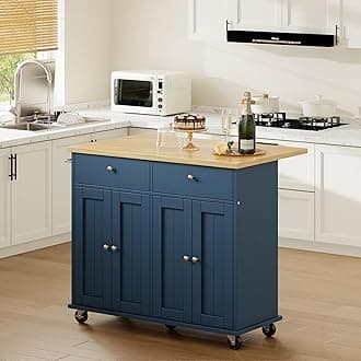 Kitchen Island with Drop Leaf, Rolling Kitchen Cart with Storage on Wheels, Table Bar Cart for Kitchen with Towel Rack & Seating Area for Dining Room, Blue