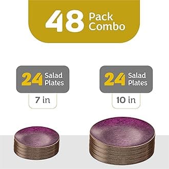 PLASTICPRO 48 Pieces Elegant Plastic Plates for Party Purple with Gold Rim Includes 7" inch and 10" inch Fancy Plastic Plates Disposable Dinnerware