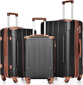 MeraxLuggage Set 3 Piece Expandable Lightweight Spinner Suitcase with Corner Guards (Black brown, 20/24/28)