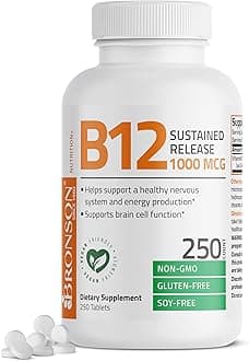 Vitamin B12 1000 mcg Sustained Release Premium Non GMO Tablets Supports Nervous System, Healthy Brain Function and Energy Production, 250 Count