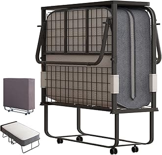 ZAFLYFolding Bed with 5” Memory Sponge Mattress, Portable Guest Bed with Headboard for Adults, Soft Padded Rollaway Sleeping Beds, Space Saving Fold Up Metal Frame, 75 x 38” Twin XL Size(Upgraded)